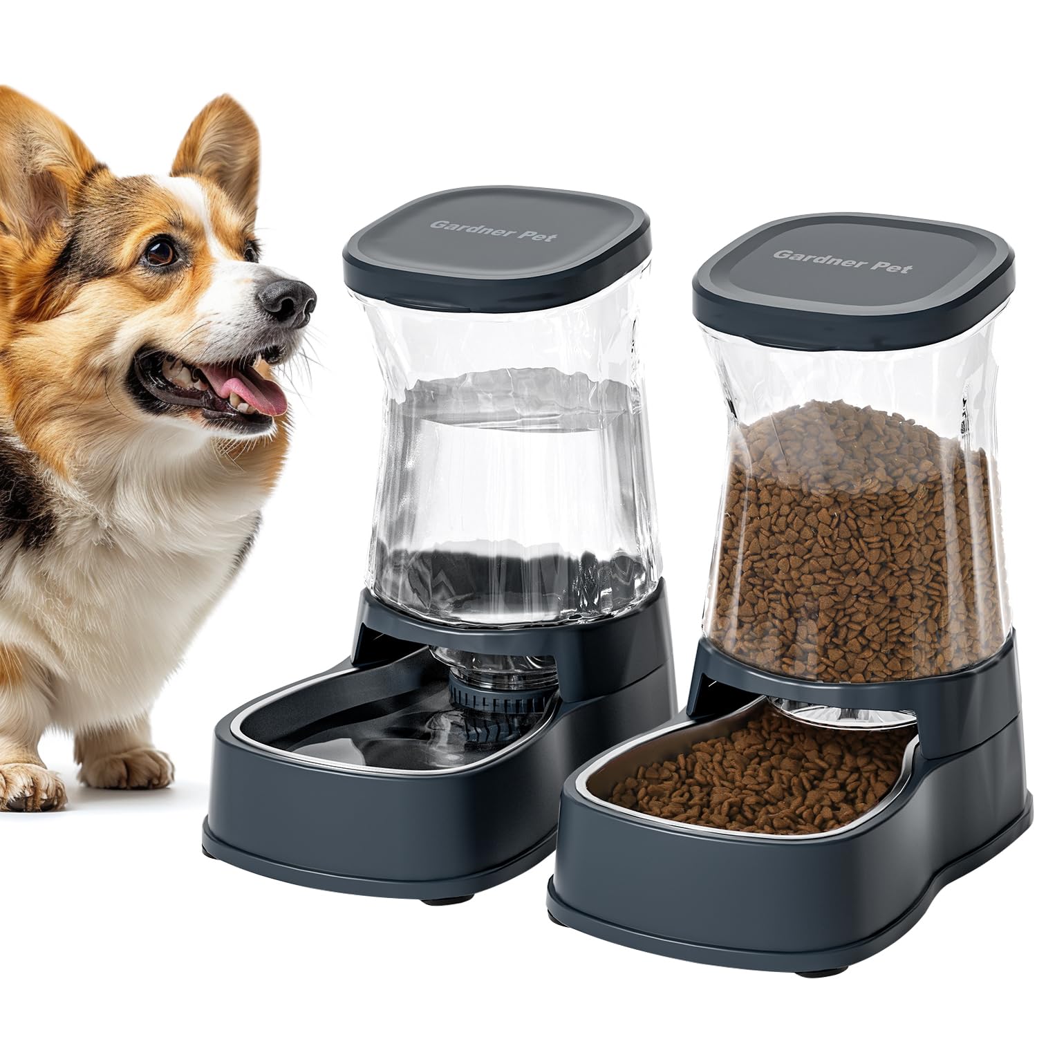 Gardner Pet 3.85L Distributore Automatico Cibo Gatti (Set da 2), Dispenser Acqua Gatti con Ciotola in Acciaio Inox, Dispenser Crocchette Gatto Assenza di ElettricitÀ, Senza BPA, Grigio Scuro