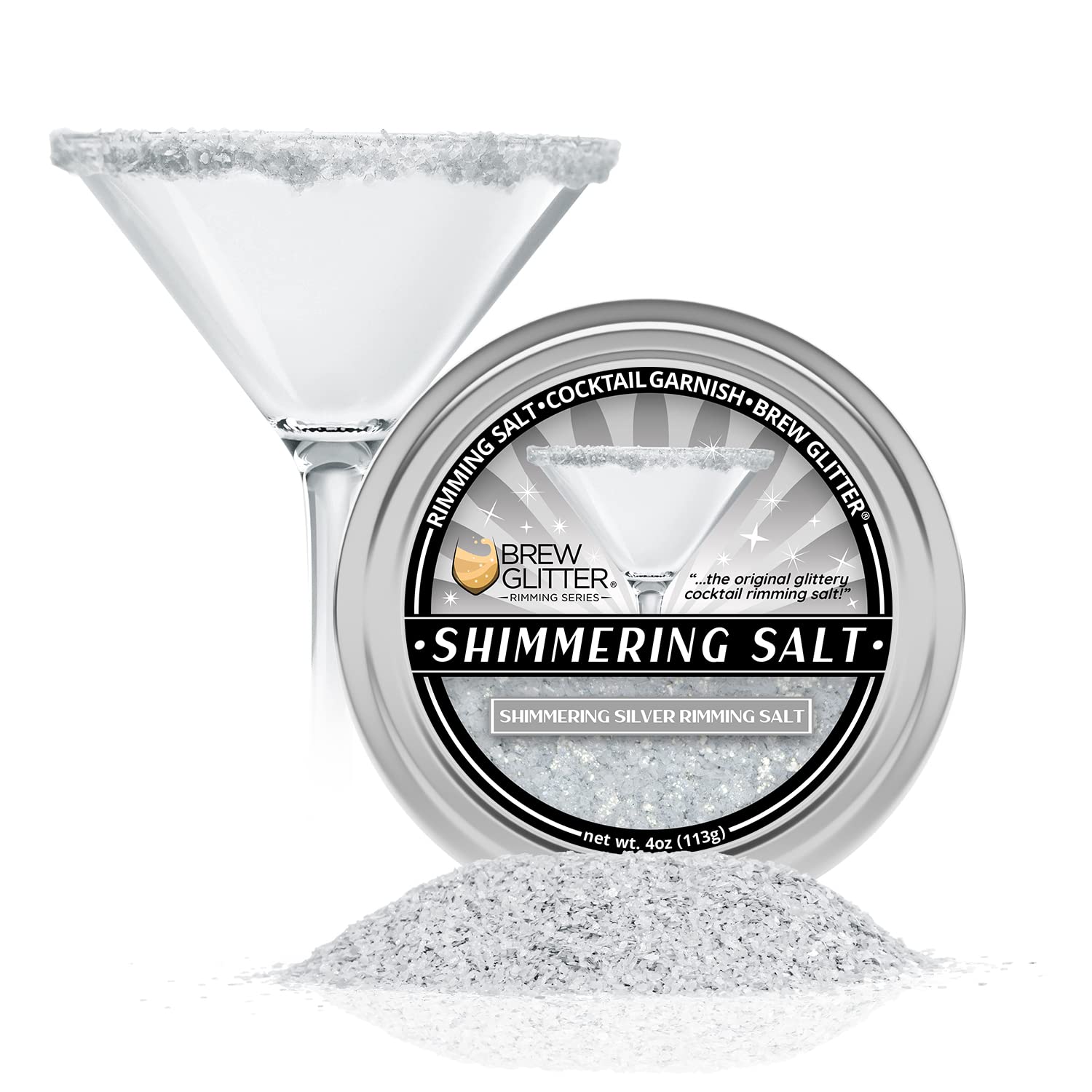 Brew Glitter - Shimmering Silver Rimming Salt (4oz, 1x Bar Tin) Edible Glitter Blended Cocktail Garnish for Mixed Drinks and Beverages