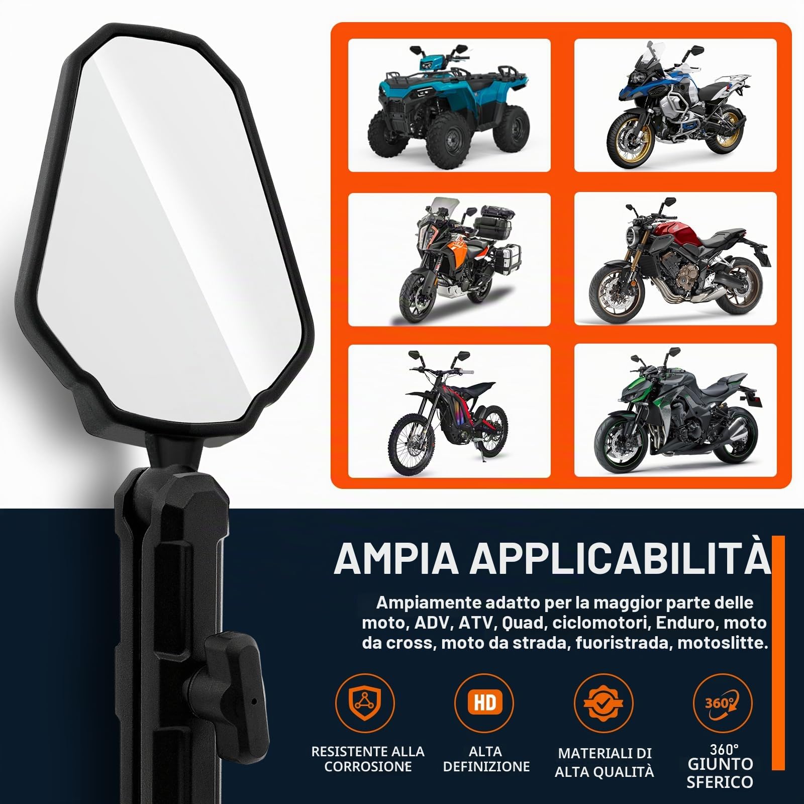 DREAMIZER Specchietto retrovisore per moto Adventure, Omologati E24 specchietti moto manubrio 22mm e 7/8", 8mm 10mm Specchietti Laterali Compatibile con RZR YFZ 790 890 adv ATV Quad Enduro Dirt Bike