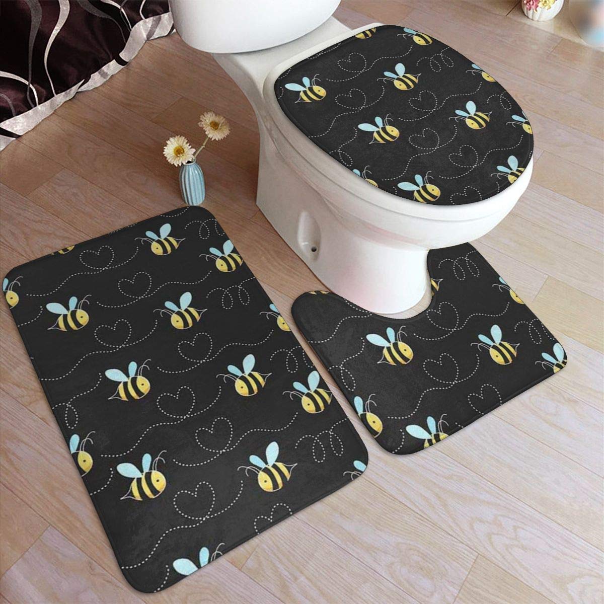 RedBeans Non Slip Bath Mat 3 Piece Flannel Bathroom Rug Set,Bumble Bees Soft Pedestal Anti Slip Shower Mat And Toilet Cover Rug Set
