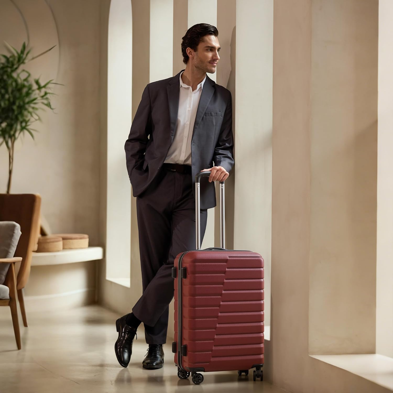 Coolife Medium Checked Luggage with Spinner Wheels, Hardside Suitcase TSA Lock Lightweight Travel Luggage 24-inch,Wine Red - Image 6