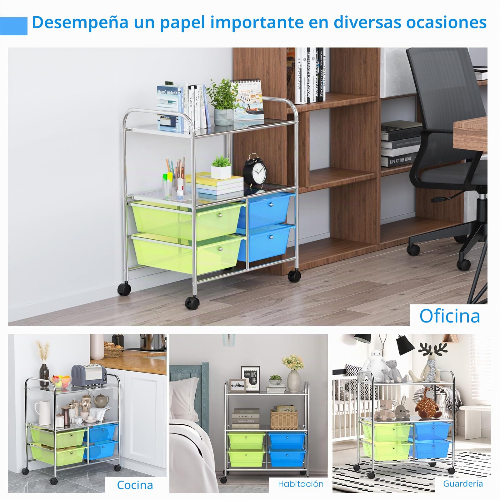 GIANTEX Carro con 4 cajones apilable, con 2 estantes y estructura de metal, carrito de baño con ruedas bloqueables, 63,5 x 37 x 75 cm