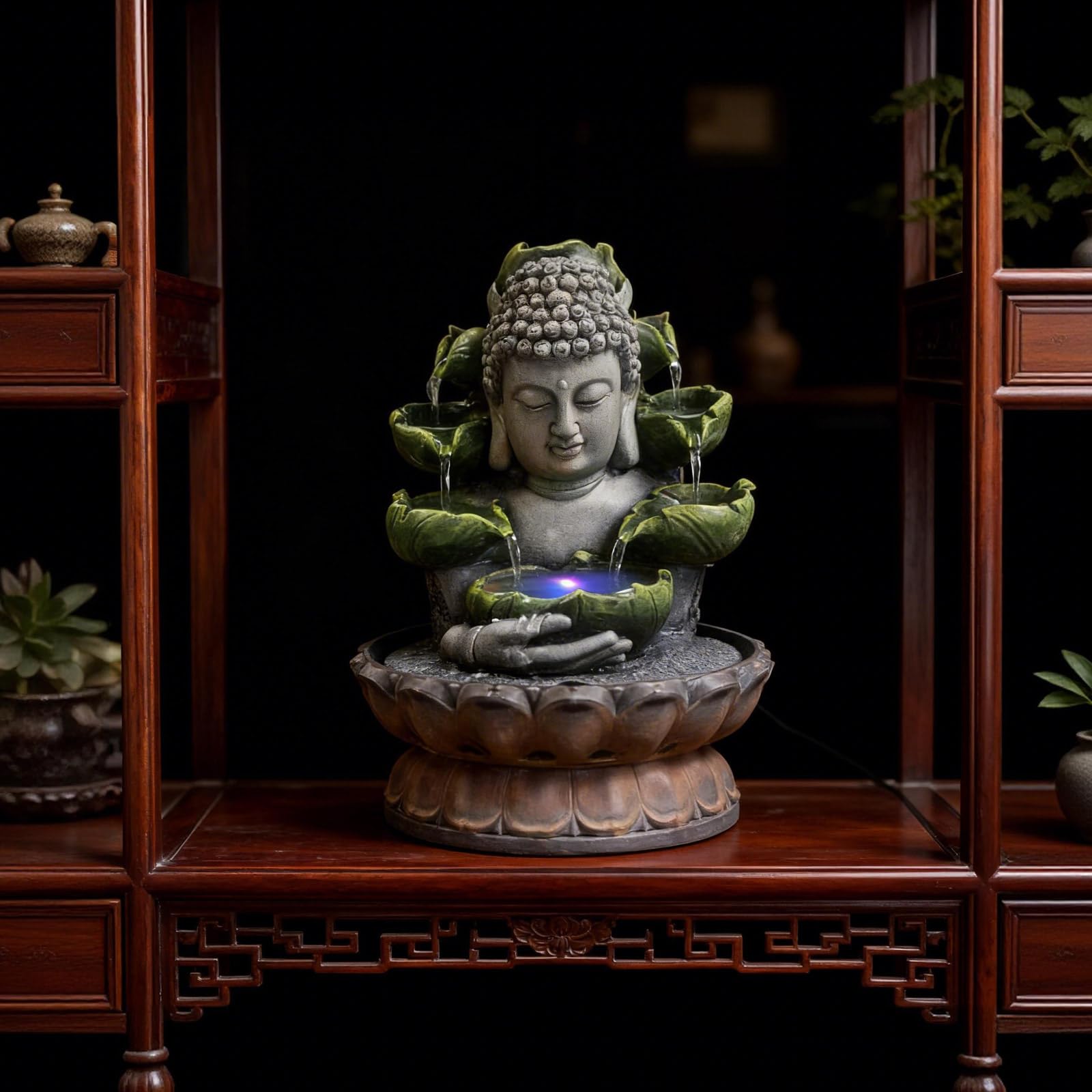 Fontaine d'intérieur avec éclairage RGB, fontaine de table Bouddha Fengshui, méditation, décoration intérieure relaxante pour beaucoup de chance, idéale comme cadeau