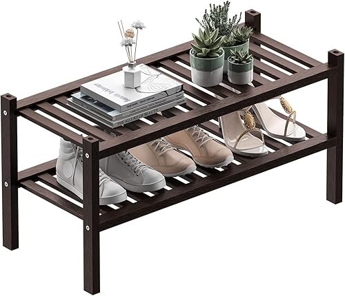 Miniatura 16 de Estante de zapatos de bambú de 2 niveles, organizador de almacenamiento independiente para armario y entrada, apilable, 35"x11"x13" (negro)