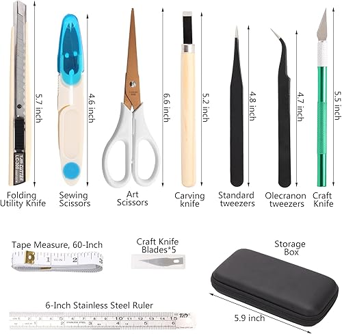 Miniatura 2 de MILUSONG Kit de herramientas portátiles básicas 9 en 1 incluye tijeras, cuchillo utilitario, cuchillo de manualidades, regla, cinta métrica, tijeras