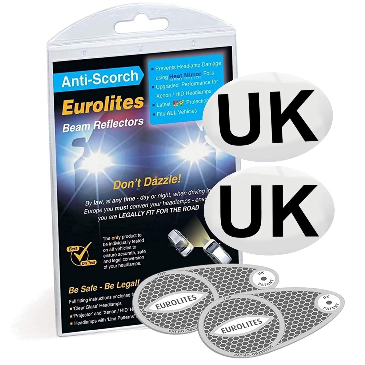 Netagon Déflecteurs de faisceau pour phares avant Eurolites avec adaptateurs et convertisseurs autocollants pour plaque UK pour la conduite en Europe - Obligation légale pour le voyage (Déflecteurs de