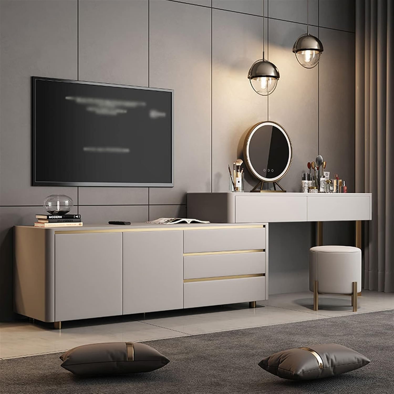 Vanity Dressing Table Set Luxury Makeup Bench with 3 Colors Led Hd Mirror,Comfortable Stool Drawers Cabinet,Modern Simple Style,for Girl's Gift (Size : 100cm+160cm) ()