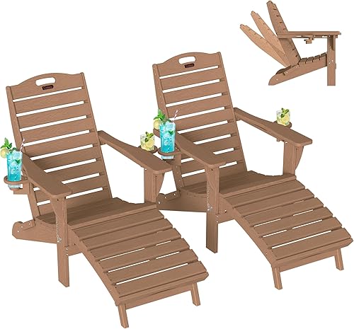 Ciokea Juego de 2 sillas plegables Adirondack con otomano retráctil para hoguera, silla de patio con reposapiés extraíble, resistente a la