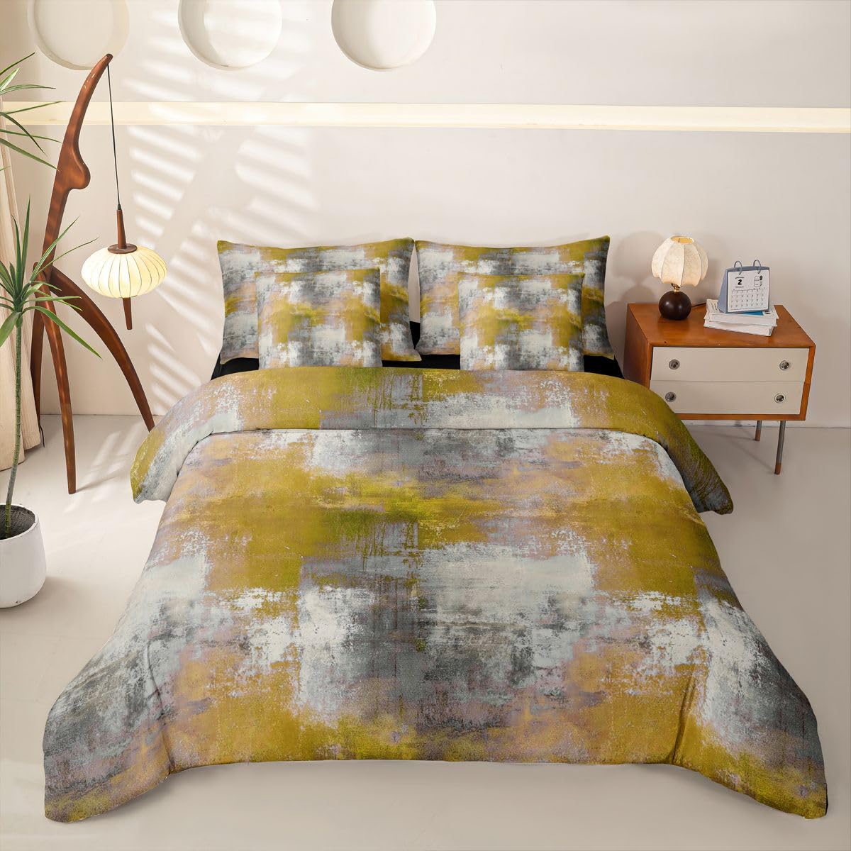 Loussiesd Set di biancheria da letto con copripiumino astratto con lenzuola, 7 pezzi, per letto singolo, motivo geometrico, grigio, verde, ombré, per bambini, ragazzi e ragazze, moderno, arte astratta