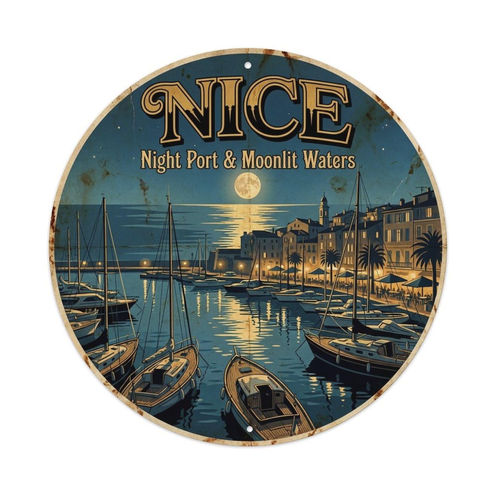 Nice Coastal Route Night Port Moonlit Waters Travel Metal Tin Sign
