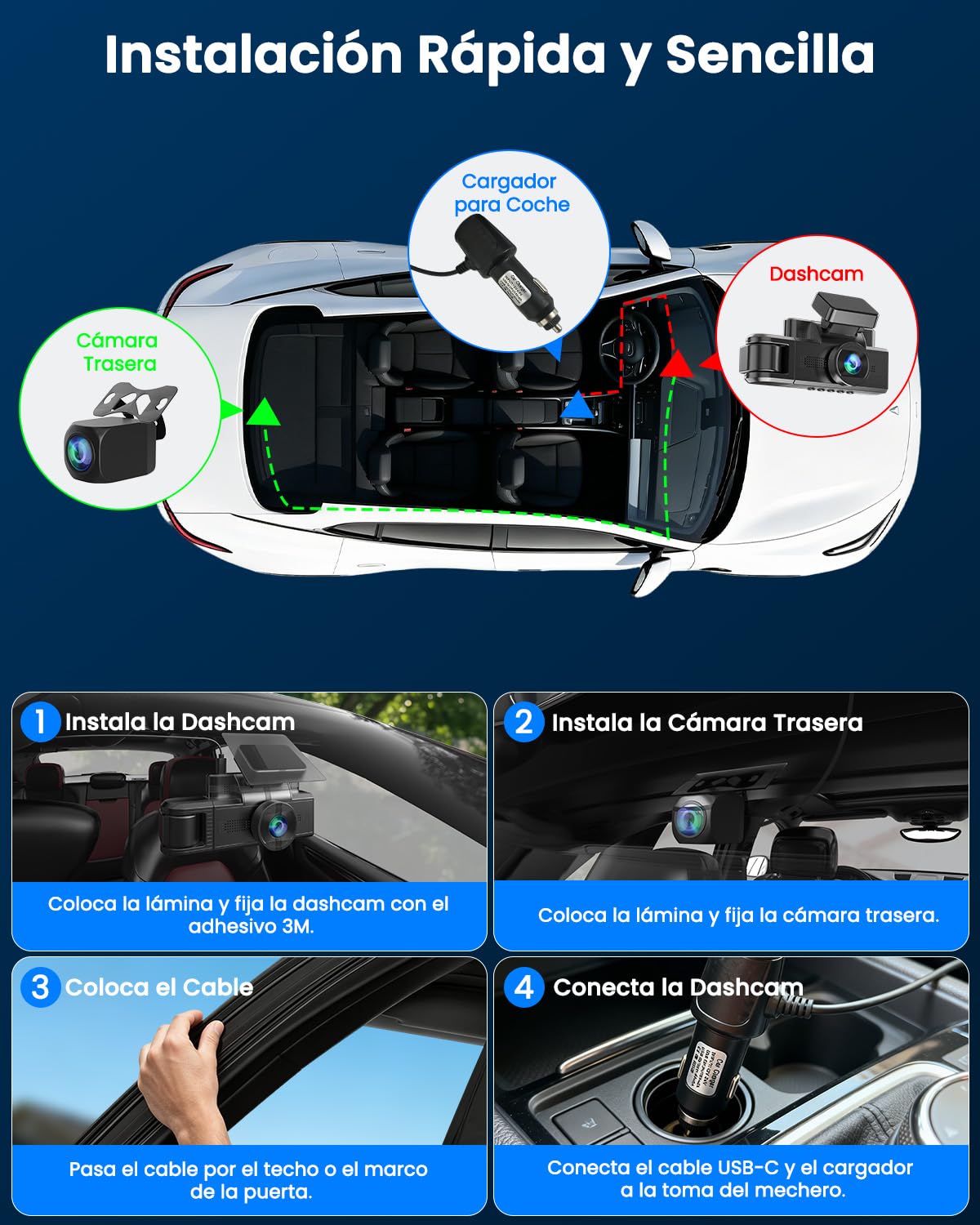 4K Dashcam Coche 3 Canales, Frontal Trasera y Interior 4K+2K+2K | GPS, 5GHz WiFi, WDR, Visión Nocturna, Visión 170°, G-Sensor, Monitor de Aparcamiento 24/7, Tarjeta de 64GB Incluida
