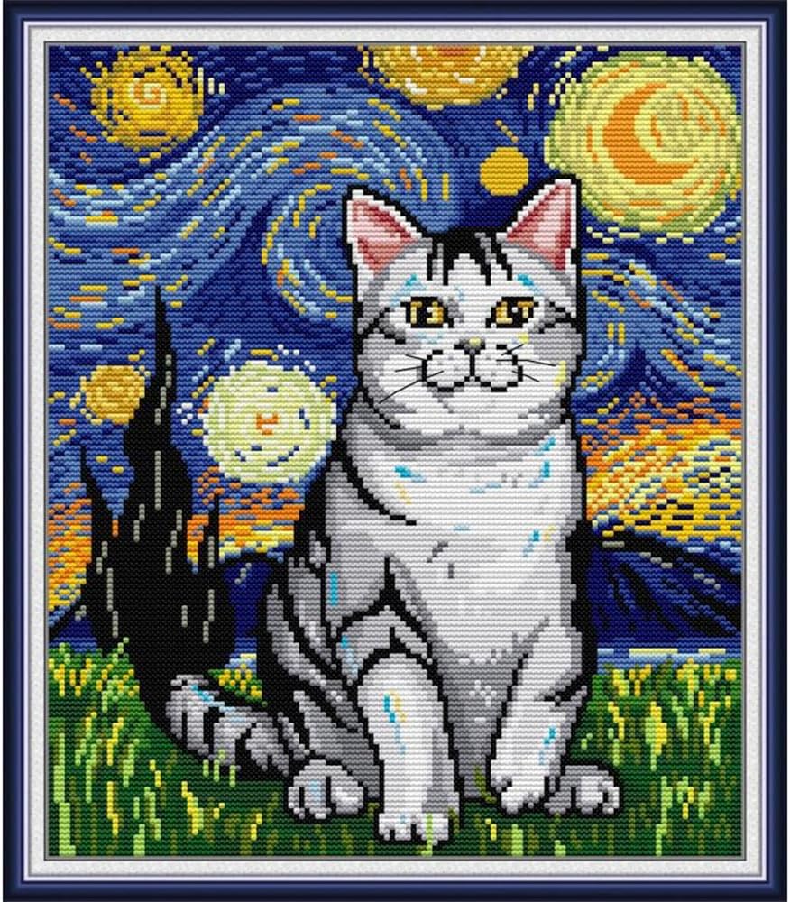 JOYSEWING Cat Printed Counted Cross Stitch for Adults Stamped Kits Starry Night of Van Gogh Pattern Embroidery Kits for Beginners DIY Wall Art Home Decor (Starry Night Cat(11CT) 15.35 ×17.32 inch)