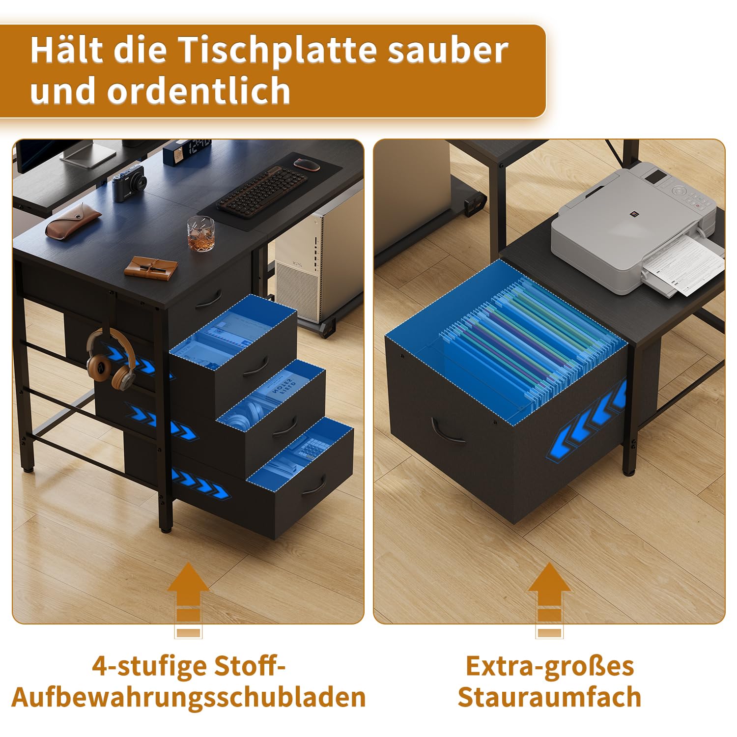 Devoko L-förm Schreibtisch mit 5 Stoff Schubladen,160x120cm Schwarz | Umkehrbarer Eckschreibtisch mit Großer Stauraum,Integrierte Steckdosen, Monitorständer & LED-Beleuchtung