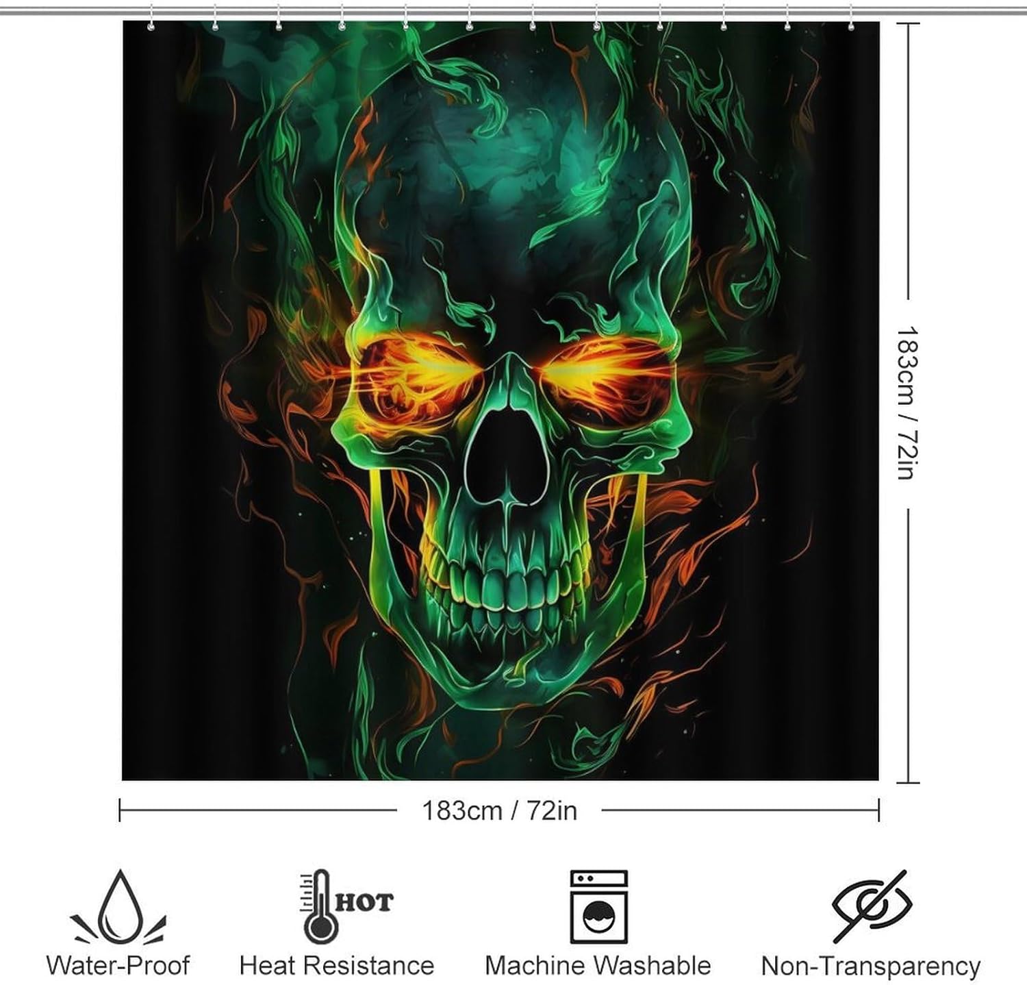 4 Pcs Bathroom Shower Curtain Set,Bathroom Sets with Rugs (Bath Mat,U Shape and Toilet Lid Cover Mat), Flame Skull Bathroom Decor Set