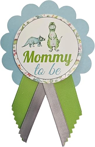 Miniatura 1 de Alfileres de dinosaurio para baby shower para la familia, azul y verde, It's a Boy Baby Sprinkle, Cartulina cintas de raso, Sin gemas.