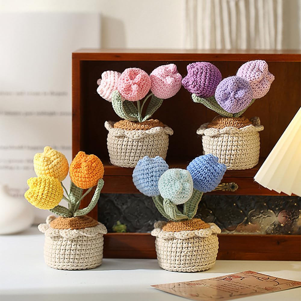 Tulips Crochet Flowers Potted Plants, Three Tulips in One Artificial Flower, Knitted Flowers Desk Home Decor, Forever Tulips Gifts for Mother's Day, Valentine's, Thanksgiving (Pink) - Image 6