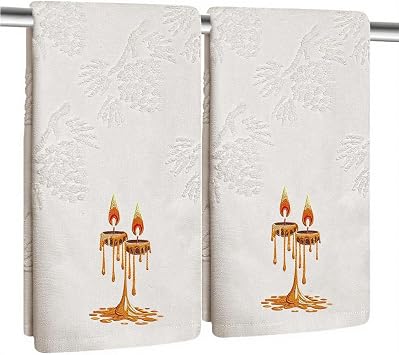 2 Pack Christmas Candle Hand Towels 100% Cotton Jacquard Pine Cone Embroidered Holiday Kitchen Dish Towels Retro Neutral Beige Bathroom Towels Set Gift Seasonal Xmas Winter Bathroom Decor