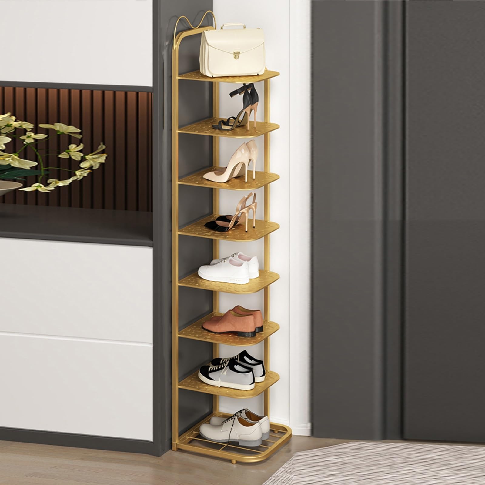 POLGDW Narrow 10 Tier Shoe Rack Tall Slim nizer for Small Spaces Entryway Storage Cabinet Stylish Gold Shoe Shelf Tower (8 Tier Design)