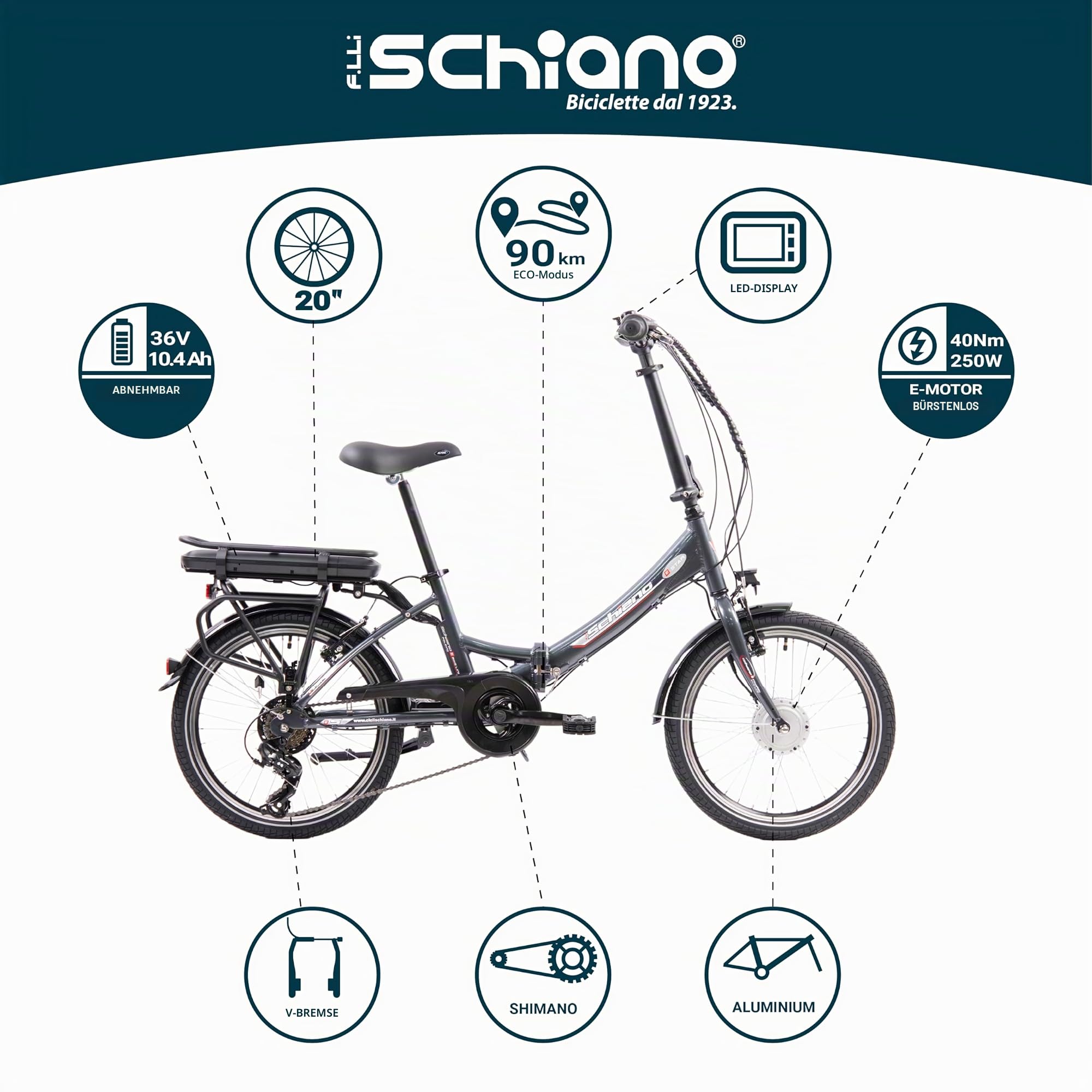 F.LLI Schiano E-Star, E Bike Klappbar 20 Zoll, 36V 10.4Ah Abnehmbarer Akku, Motor 250W 40Nm, Klapprad Ebike für Herren und Damen