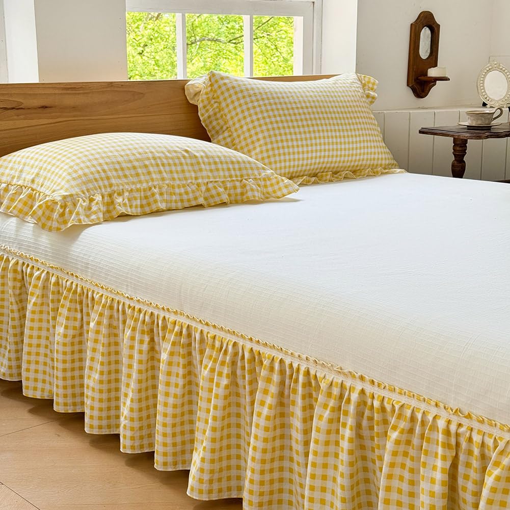 Yellow Gingham Wrap Around Ruffled Bed Skirt with Lace Decor, Plaid Grid Adjustable Elastic Dust Ruffles for Full Bed, 15 Inch Drop Farmhouse Cottage Pleated Bed Frame Cover(Yellow Gingham, Full)