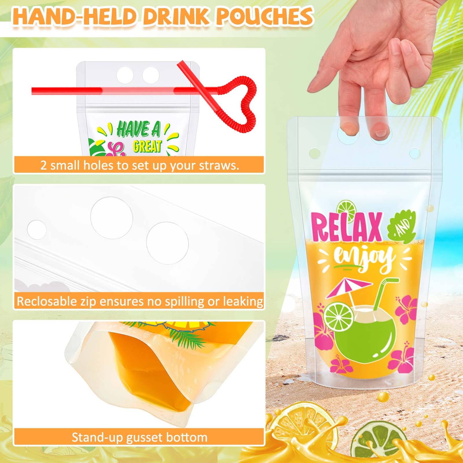 Summer Drink Pouches with Straws - 100 Pack -3