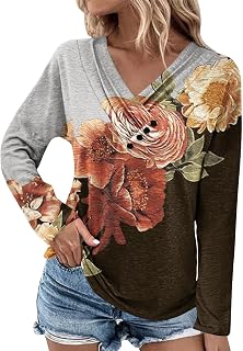 BORTGYUI Elastic Office Plus Size Cool Pullover Ladies Fall Long Sleeve Top Print V Neck Buttons Fit Polyester Pullover Women