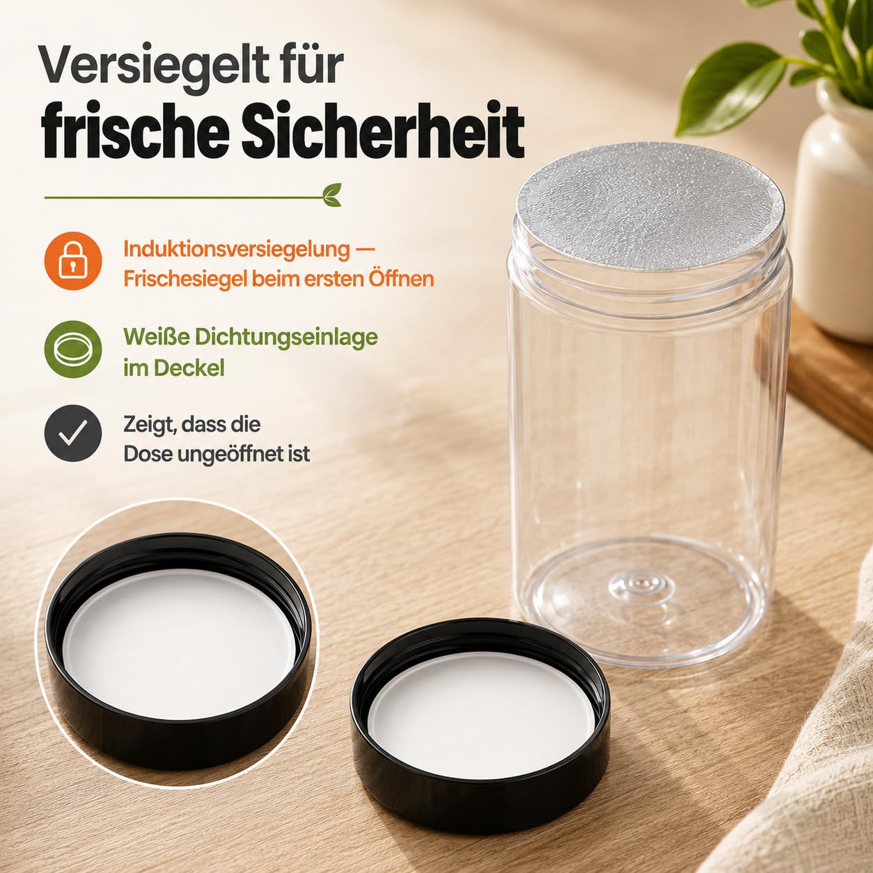 POSH Barattoli ermetici, 100 x 1 l, in PET per uso alimentare, con coperchio a vite nero, contenitori in plastica trasparente con coperchio, per farina, caffè, tè, barattolo rotondo in plastica