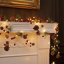 Olsen & Smith Set of 2 x 2m (6.5 Ft) Decorated Christmas String Lights Xmas Garland LED Fairy Lights with Pine Cones Red Berries Pine Needles & Bells for Christmas Indoor Party Home Table Decorations