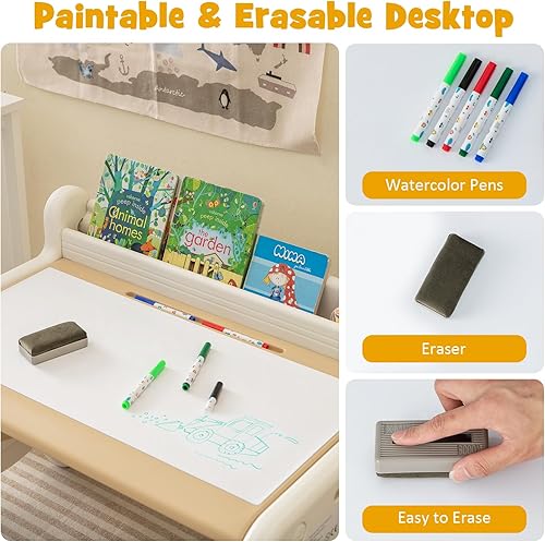 Miniatura 3 de Costzon Juego de mesa y silla para niños, escritorio de actividades de plástico con pizarra blanca, bolígrafos de acuarela, borrador de pizarra y
