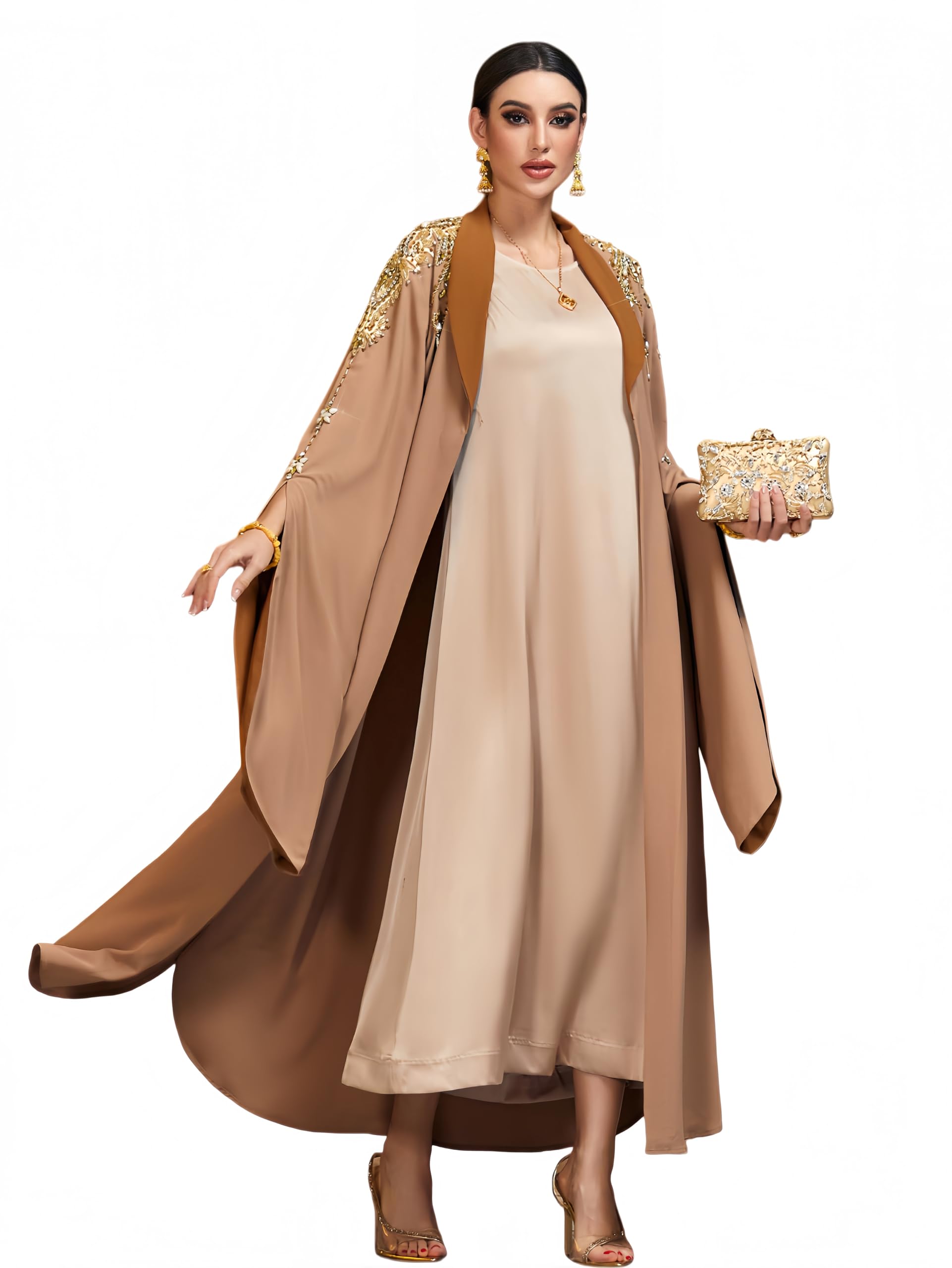 Handmade Beaded Kaftan Open Front Abaya Long Sleeve Maxi Dress, NO INNER, Arabian Robe for Casual Festival Gathering Travel