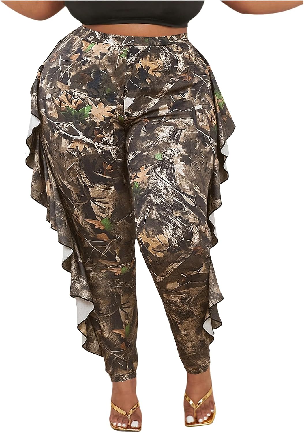 WDIRARA Women's Plus Size Ruffle Camo Print Pants Elastic High Waisted Leggings Skinny Pants
