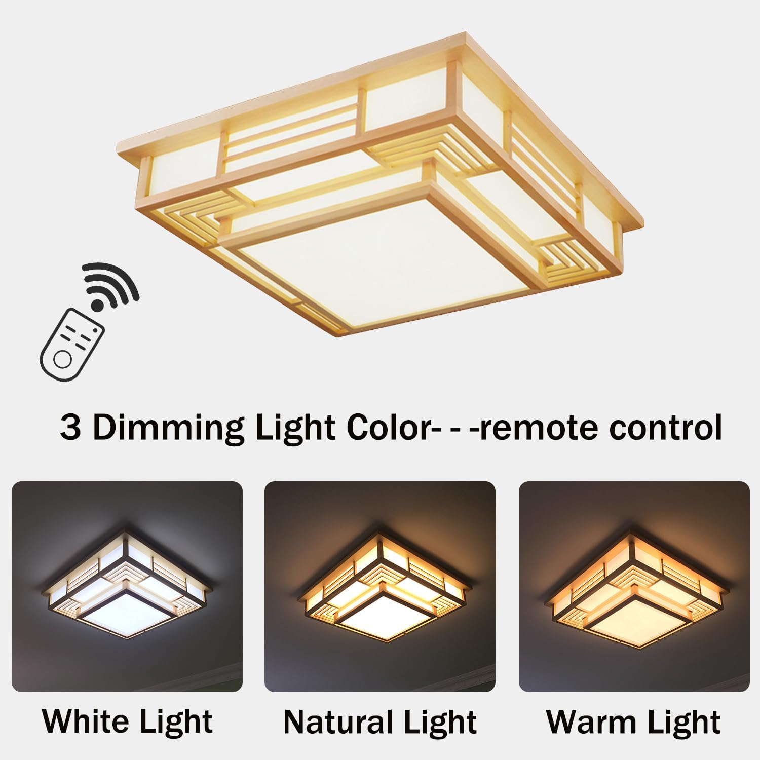 TFCFL Wooden LED Ceiling Light Remote Dimming Japanese Style, Square Ceiling Lamp Light Fixture Zen Style Close to Ceiling Light for Dining Living Room Bedroom 18 inch