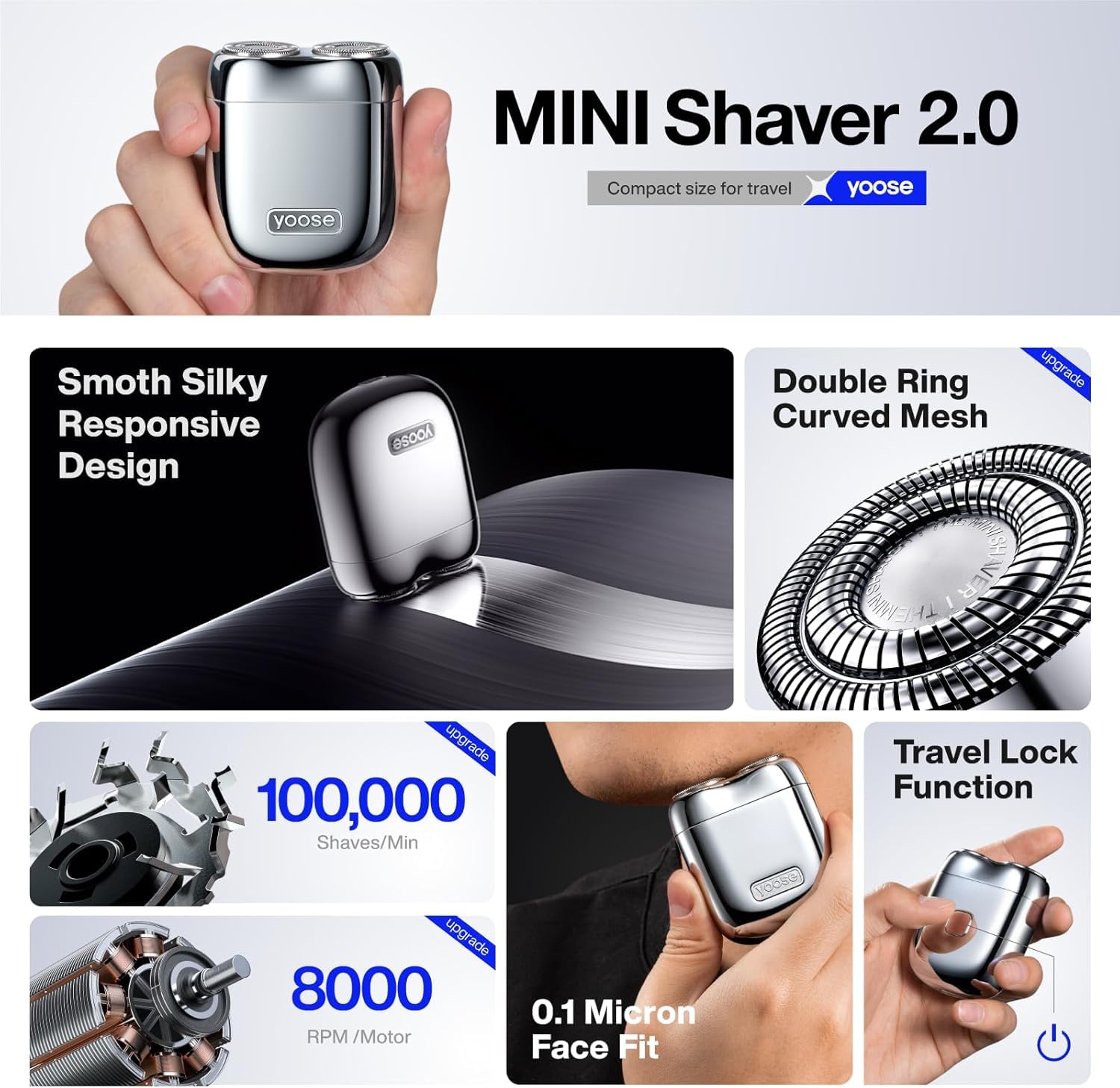 yoose MINI Rasoio Elettrico da Uomo, Rasoio Elettrico da Uomo in Lega, Rasoio Impermeabile IPX7 con Motore da 8000 Giri/min, Cavo di Tipo C e Testina di Rasatura Magnetica, Blu