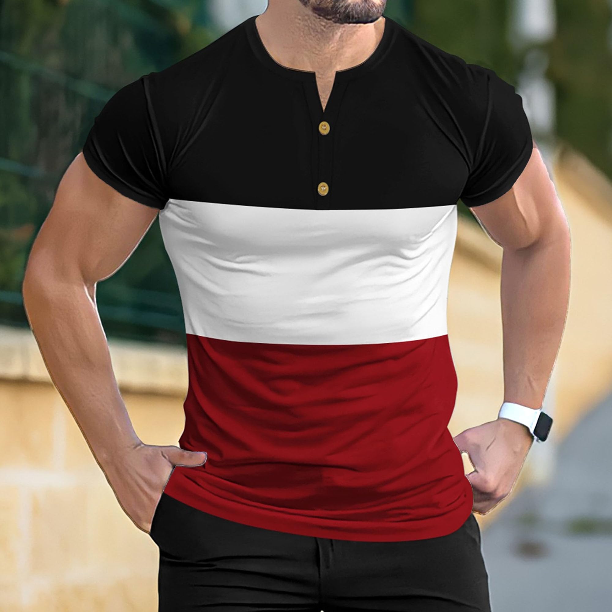 Men Tri-Color Stitching 2 Button T Shirt Slim Lightweight Sport Henry Shirts Summer Casual Exercise Pullover Tops (Style2,Large)