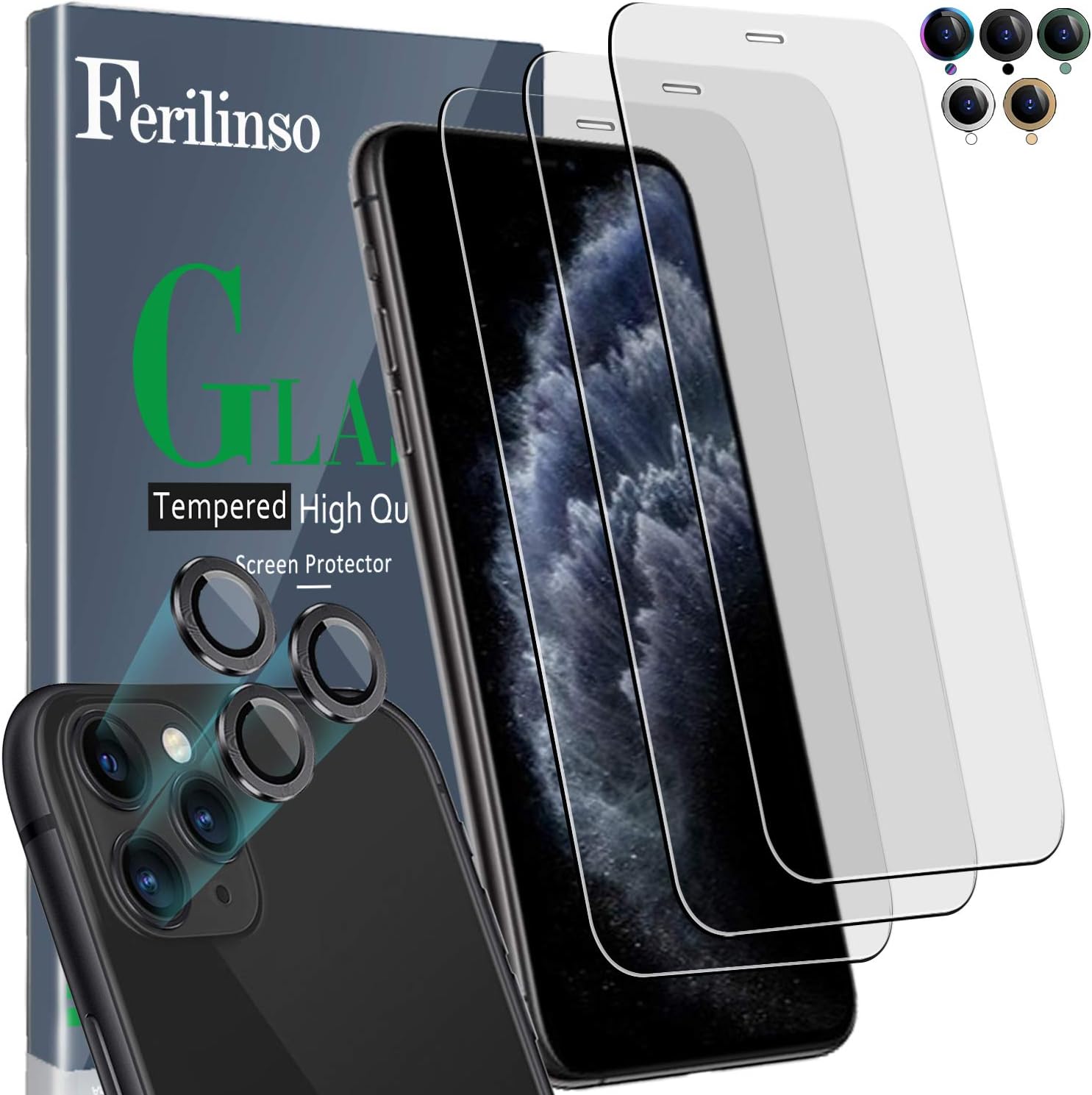 Ferilinso Screen Protector for iPhone 11 Pro Max with 3 Pack Camera Lens Protector, 3 Pack Tempered Glass Film for iPhone 11 Pro Max 6.5 Inch (Black)