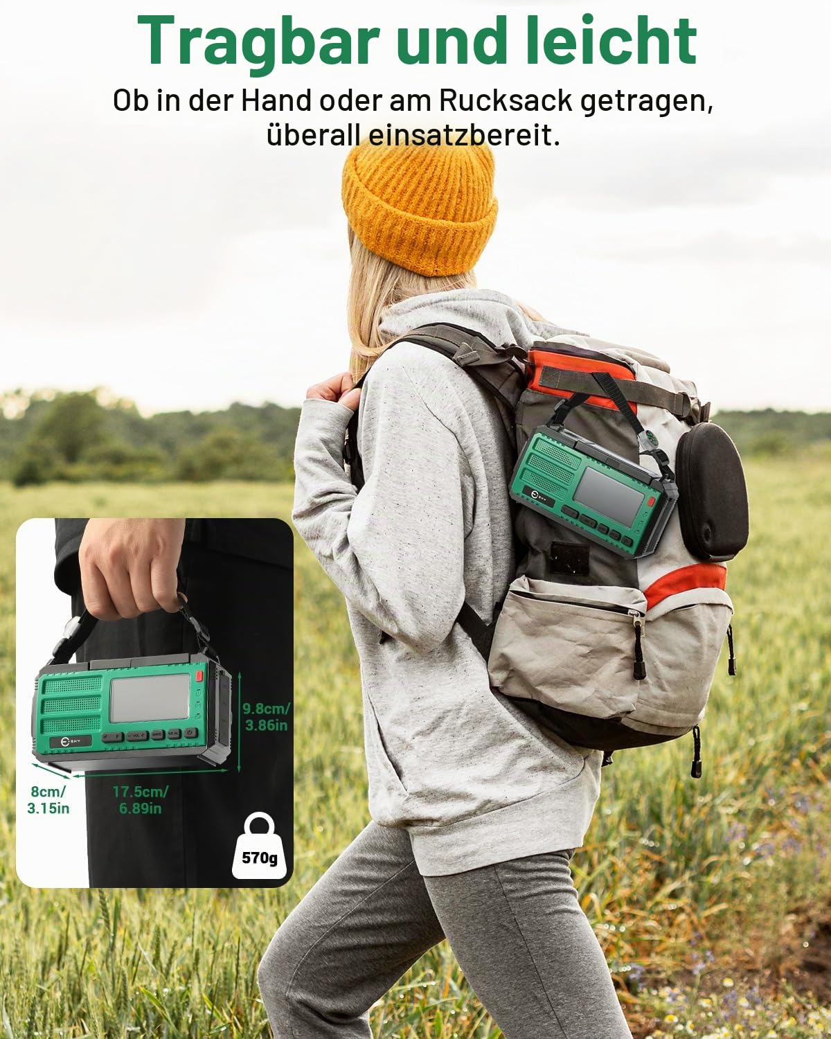 Esky Kurbelradio, 10000mAh Solar Notfallradio mit AM/FM Wiederaufladbare Weltempfänger, USB Lader, LED Taschenlampe&Leselicht, SOS-Alarm & Kompass, Tragbar für Camping, Notfall, Blackout, Geschenkidee