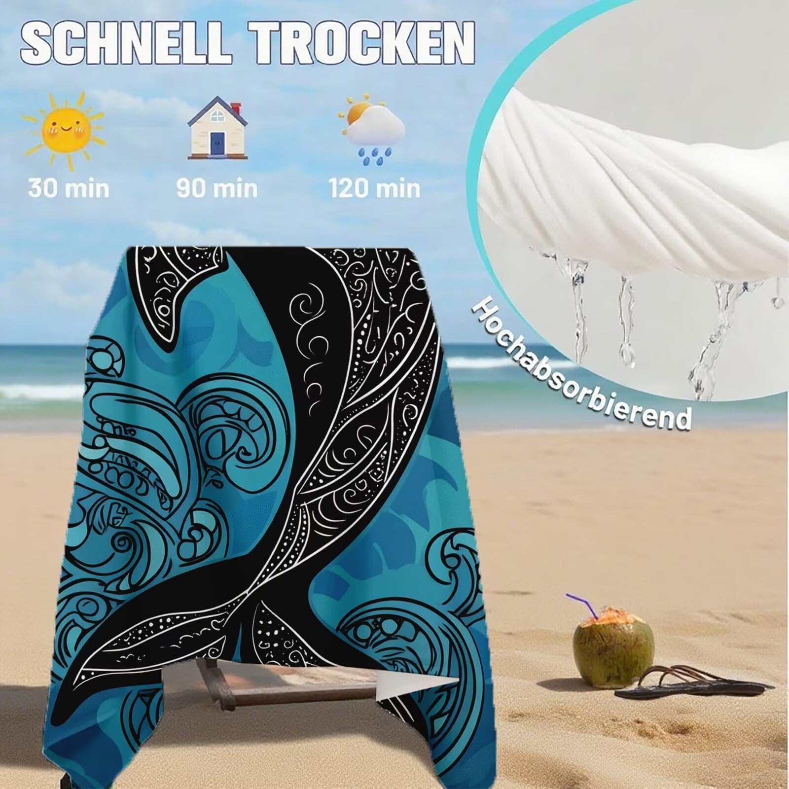Telo Mare Microfibra, Telo Mare Grande 200x100 cm Set da 2, Antisabbia Asciugatura Rapida Assorbente Salvietta da Spiaggia Asciugamano per Palestra Piscina Viaggi Picnic, Regali Donna Pescare Q-630
