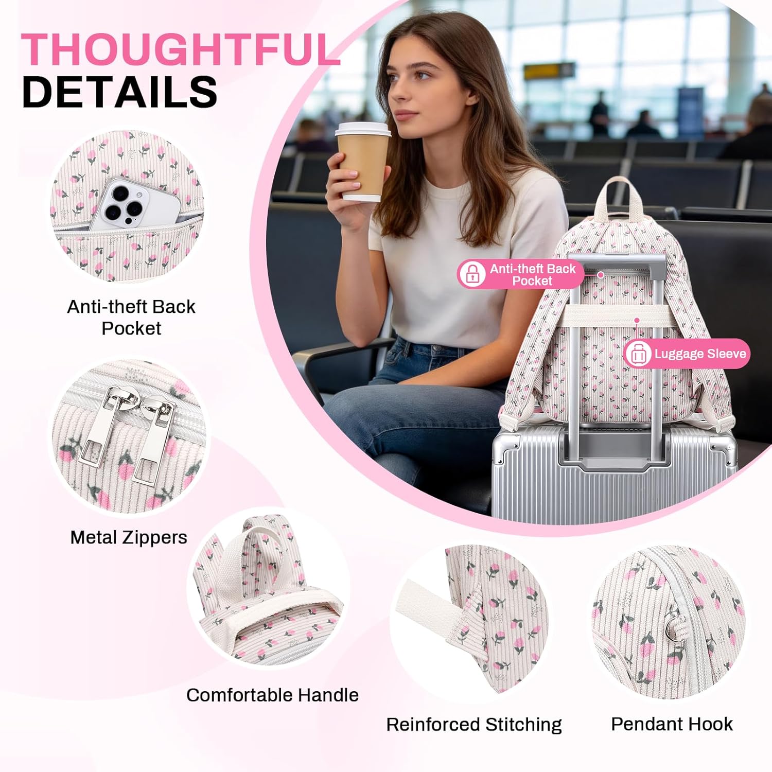 Sisipoet Mini Backpack for Women, Corduroy Small Backpack for Ladies Bookbag Purse for Women with Handy Wallet and Luggage Strap, Beige Tulip