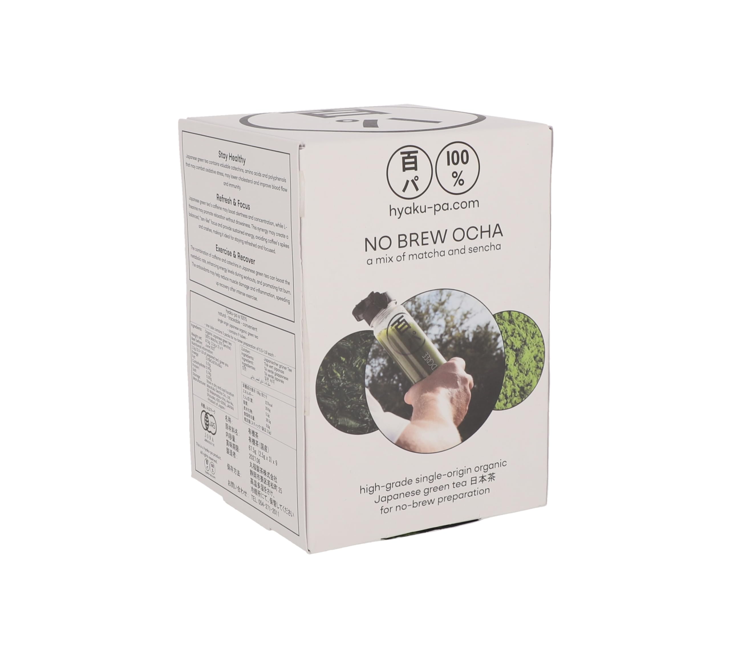 HYAKU-PA No Brew Ocha, Bio Grüner Tee zum Schütteln, japanischer Matcha und Sencha, 27 Packs (67,5 g)