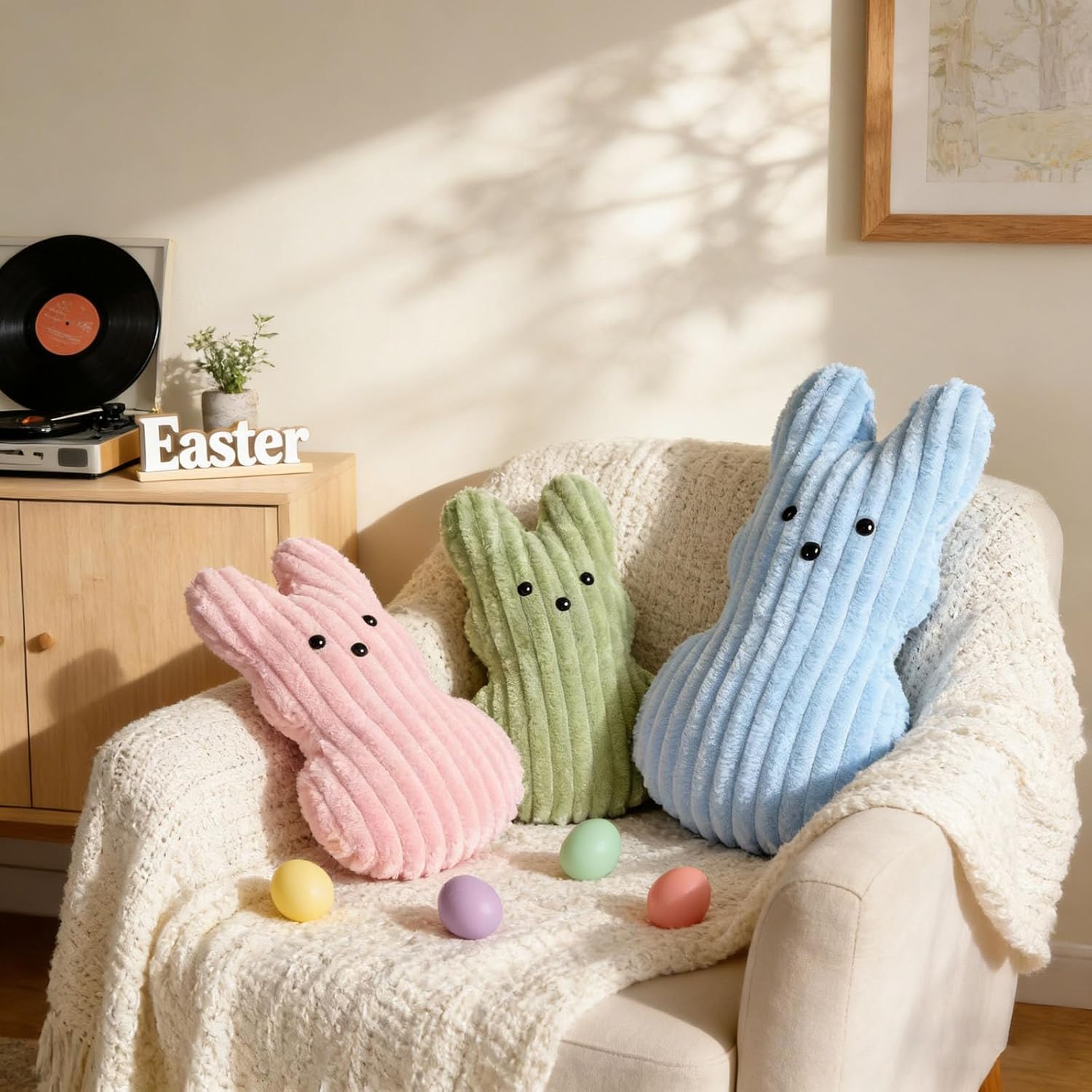 3 Pcs Easter Bunny Plush Throw Pillows Decorations Soft Striped Ribbed Rabbit Shaped Pillow Green Blue Pink Bunny Decorative Pillows for Home Sofa Bed Couch Office Living Room Bedroom