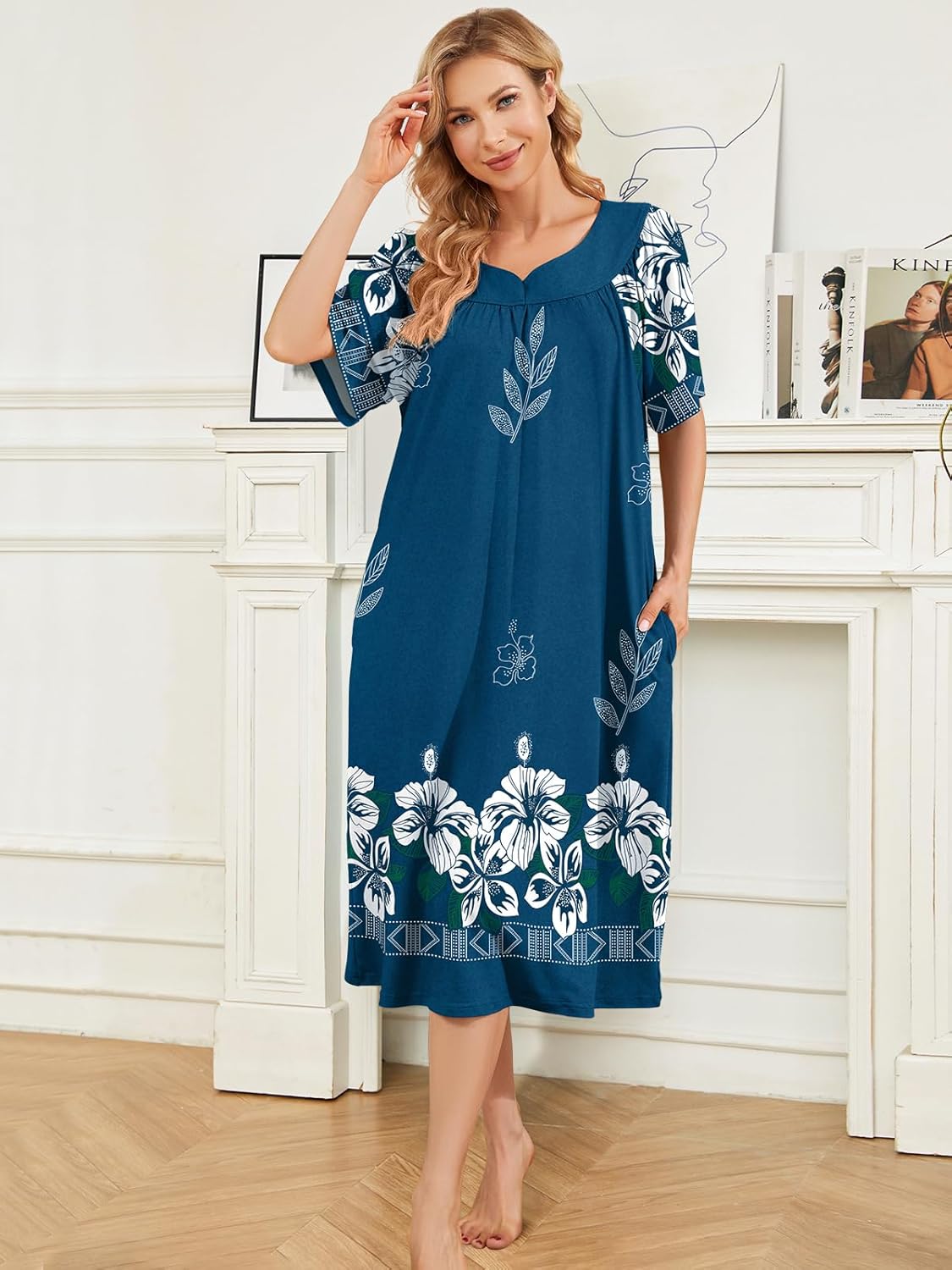 House Dresses for Women with Pockets Moo Moo Nightgown Short Sleeve Mumu Dress Lounge Dress S-3XL - Image 4