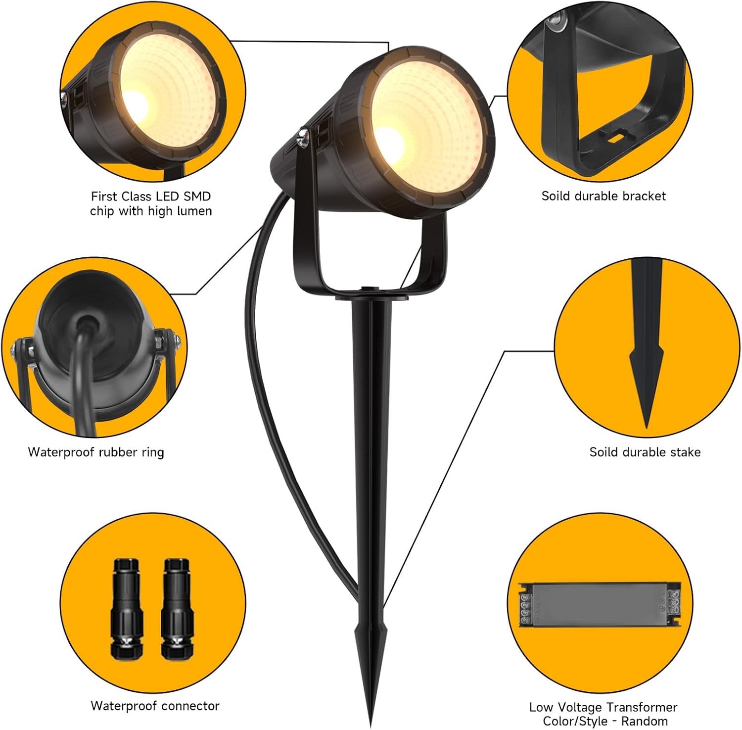 Outdoor Landscape Lighting - 12Pack Outdoor Spot Lights with Connectors & Transformer for Yard Plant Lawn Tree Flags House Garden Fence - 7W Warm Yellow 3000K Spotlights with IP65 Waterproof
