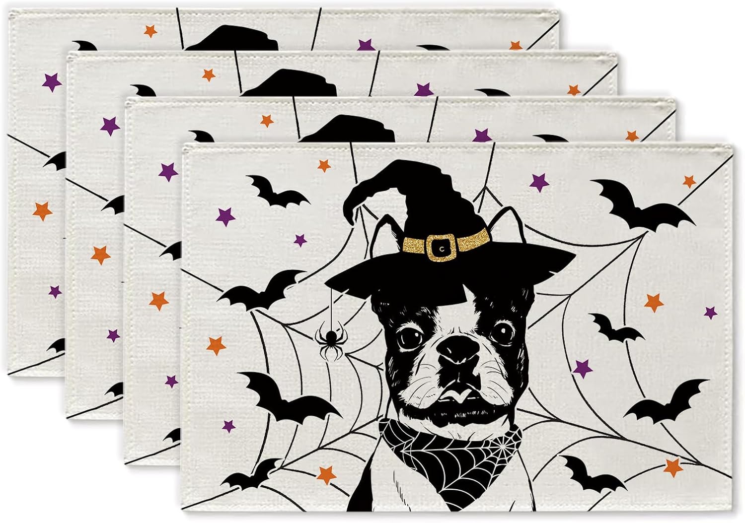 Halloween Placemats 12x18 Inch Boston Terrier Cobweb Bats Stars Set of 4 Table Mats Seasonal Home Party Kitchen Dining Indoor Outdoor Decoration