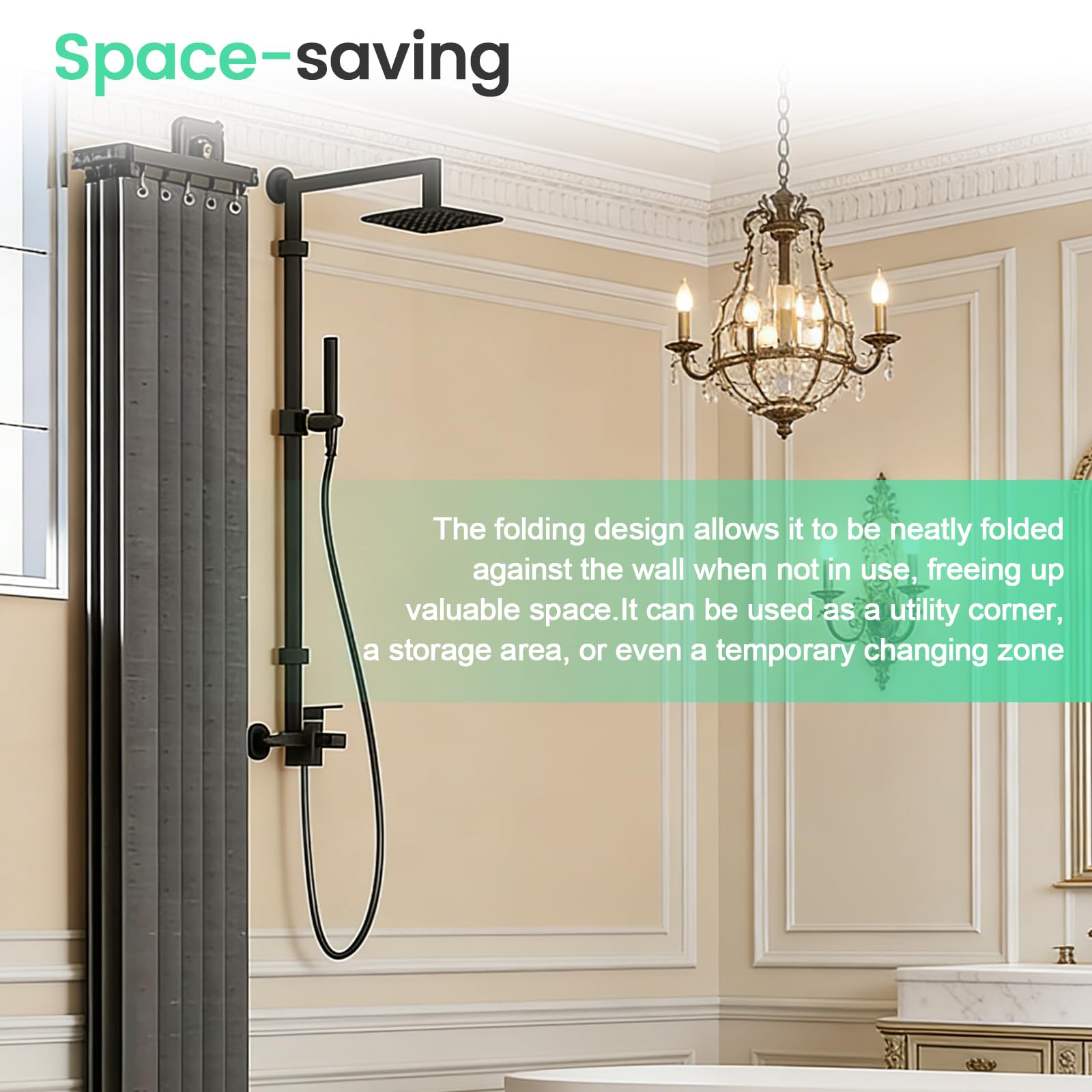 Rideau De Douche Sans Perçage Avec Ventouse, Forme L/U, 5 Plis, 1,8 x 2 m | Ventouse Puissante,Tringle Rideau Douche Pliable Anneaux Pour Douches D'Angle,Barre Douche Angle RéGlable/Extensible Gris