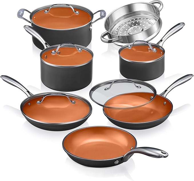 Gotham Steel 12-piece ceramic copper cookware set with glass lids and steamer insert