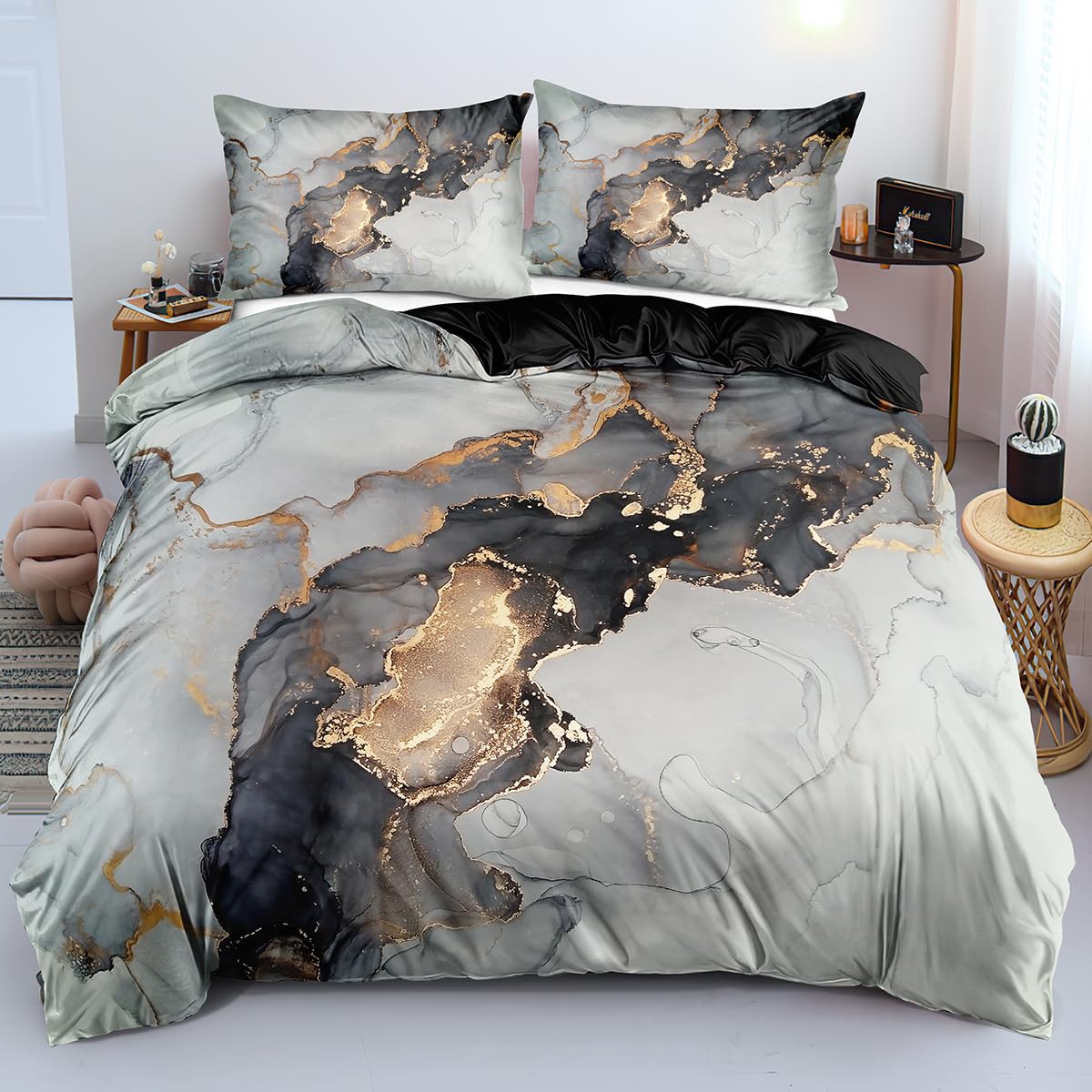 Luowei Bettwäsche 155x220cm 3 Teiliges Grau Schwarz Marmor Optik Microfaser Bettbezüge Set Modernes Elegante Schlafzimmer Bettwäsche mit Reißverschluss und 2 Kissenbezüge 80×80cm
