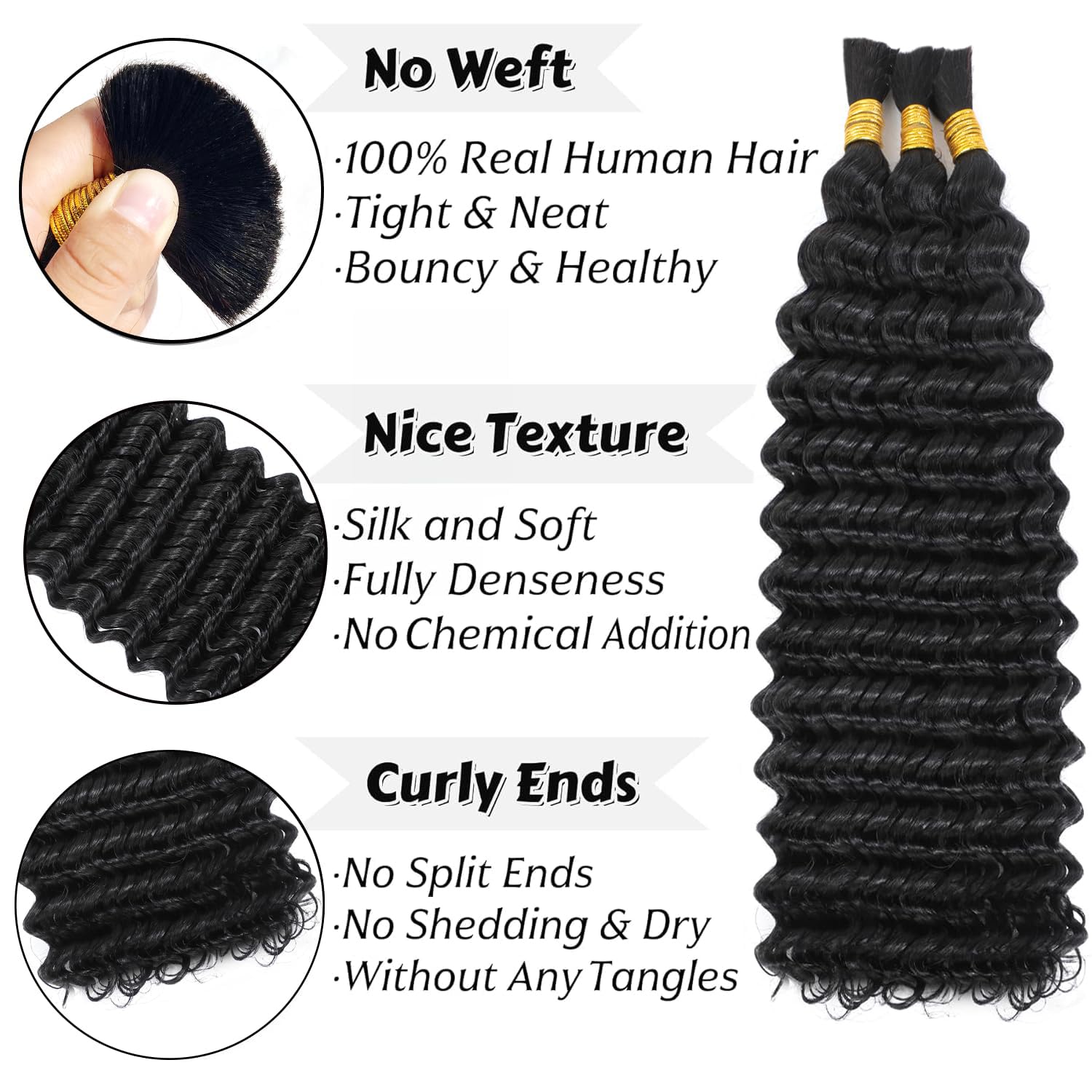Human Braiding Hair for Boho Braids Deep Wave Bulk Human Hair 16 Inch 12A Knotless Boho Braiding Curly 100% Virgin No Weft Extensions Bohemian Braids 3 Bundles/Pack Natural Color