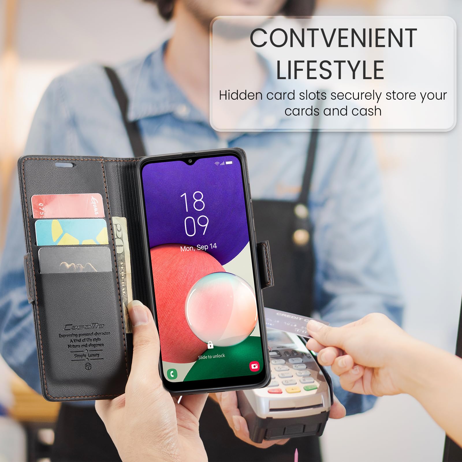 Phernykas for Samsung Galaxy A22 5G(Not compatible A22 4G) Wallet Case with Card Holder, Kickstand RFID Blocking Magnetic Closure Protective Leather Case for Samsung A22 Flip Case Wallet - Black — view 5