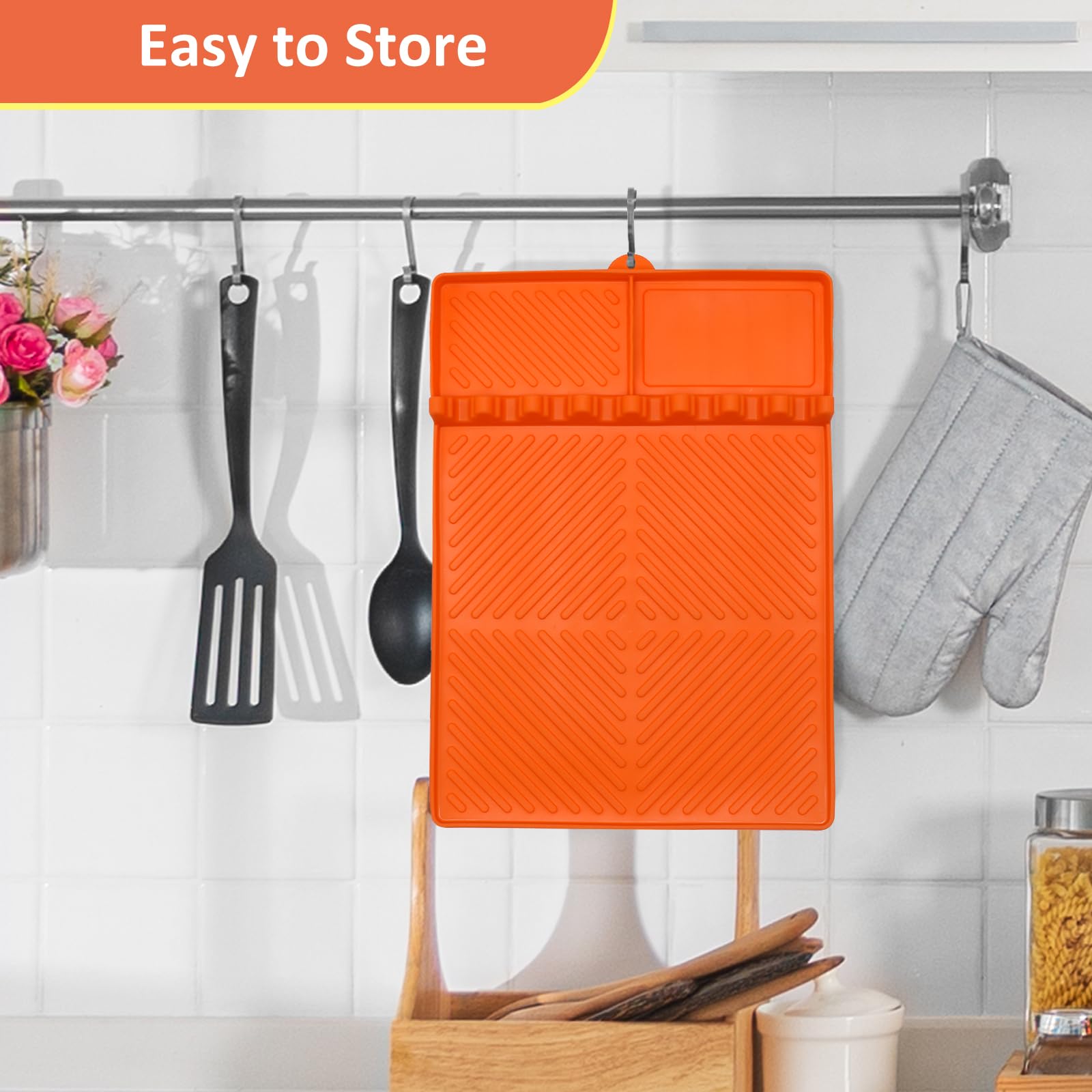 Estera para Barbacoa Mesas Laterales, Alfombrilla de Espátula de Silicona, Soporte para Utensilios de Parrilla, Estera de Drenaje para Cocina, Estufa y Encimera, Naranja