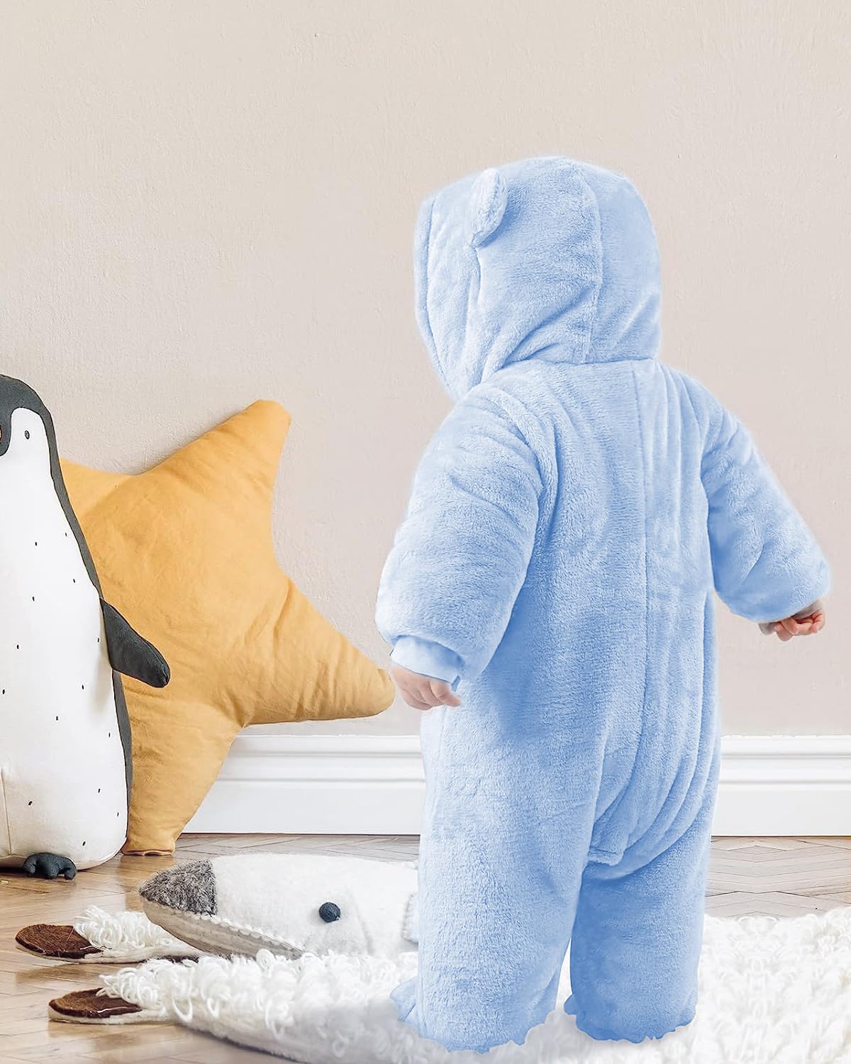 JiAmy Tute da Neve Neonato Footed Pagliaccetto per Ragazze Ragazzi, Tute da Neve Bambino Pile Tuta Neve Neonato Inverno con Cappuccio Calore Infantile,Blu 9-12 Mesi